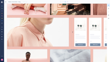 Das Shopping-Erlebnis im Admin wird angezeigt und zeigt ein Raster von modebezogenen Bildern, die überwiegend in Rosa-Tönen gehalten sind.
