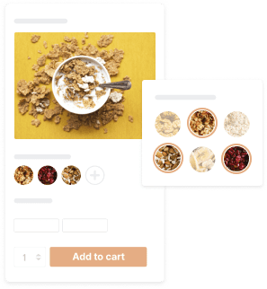 Ein Online-Shop, der eine Schale mit Müsli zeigt, wobei unter dem Bild verschiedene Zutatenoptionen angezeigt werden. Unten auf der Seite gibt es eine Schaltfläche "In den Warenkorb" und rechts ein Pop-Out-Fenster, in dem weitere Zutaten zur Auswahl stehen.

