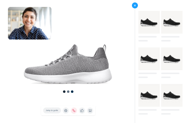 Ein Online-Shop für Turnschuhe, mit einem großen grauen Turnschuh in der Mitte. In der oberen linken Ecke befindet sich ein kleines Fenster für einen Videoanruf, das eine lächelnde Frau zeigt.
