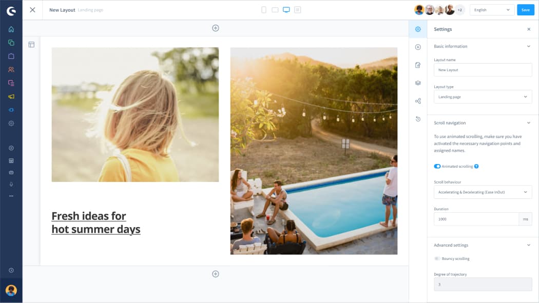 Das Feature Erlebniswelten wird in Shopware gezeigt. In der Mitte sind zwei sommerliche Bilder mit dem Text "Frische Ideen für heiße Sommertage". Auf der rechten Seite ist das Einstellungstool für die Funktion.
